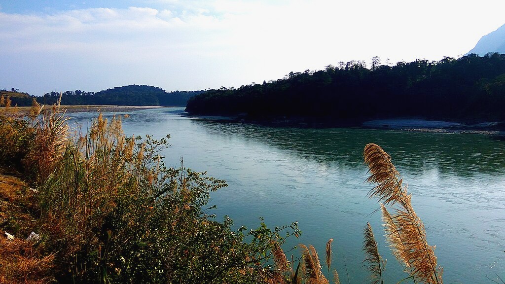 A photo of the river Siang. In front there are plants, in the background you see some forests and hills.